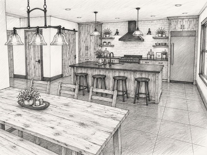 Design rendering of a kitchen with an island and cabinetry.