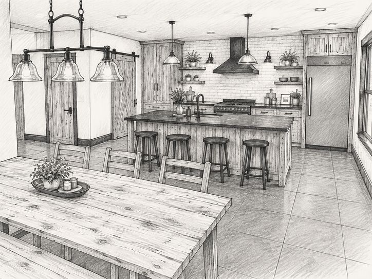 Design rendering of a kitchen with an island and cabinetry.